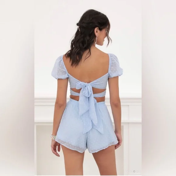 Lucy in the Sky Genevieve Puff Sleeve Chiffon Set in Blue Dots - Picture 2 of 3